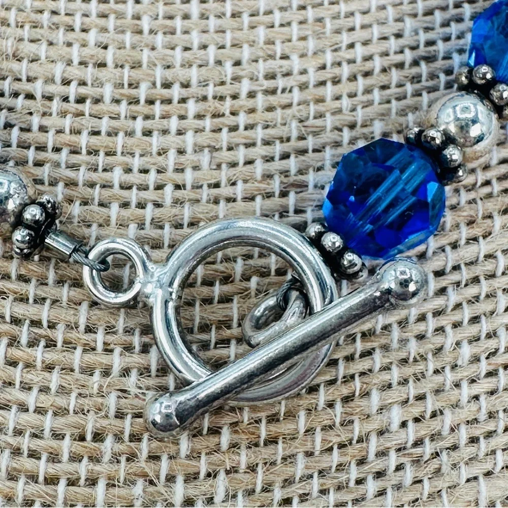 Sterling Silver Sapphire Blue Bracelet Faceted Glass Sterling Beads 6 1/4” Wrist